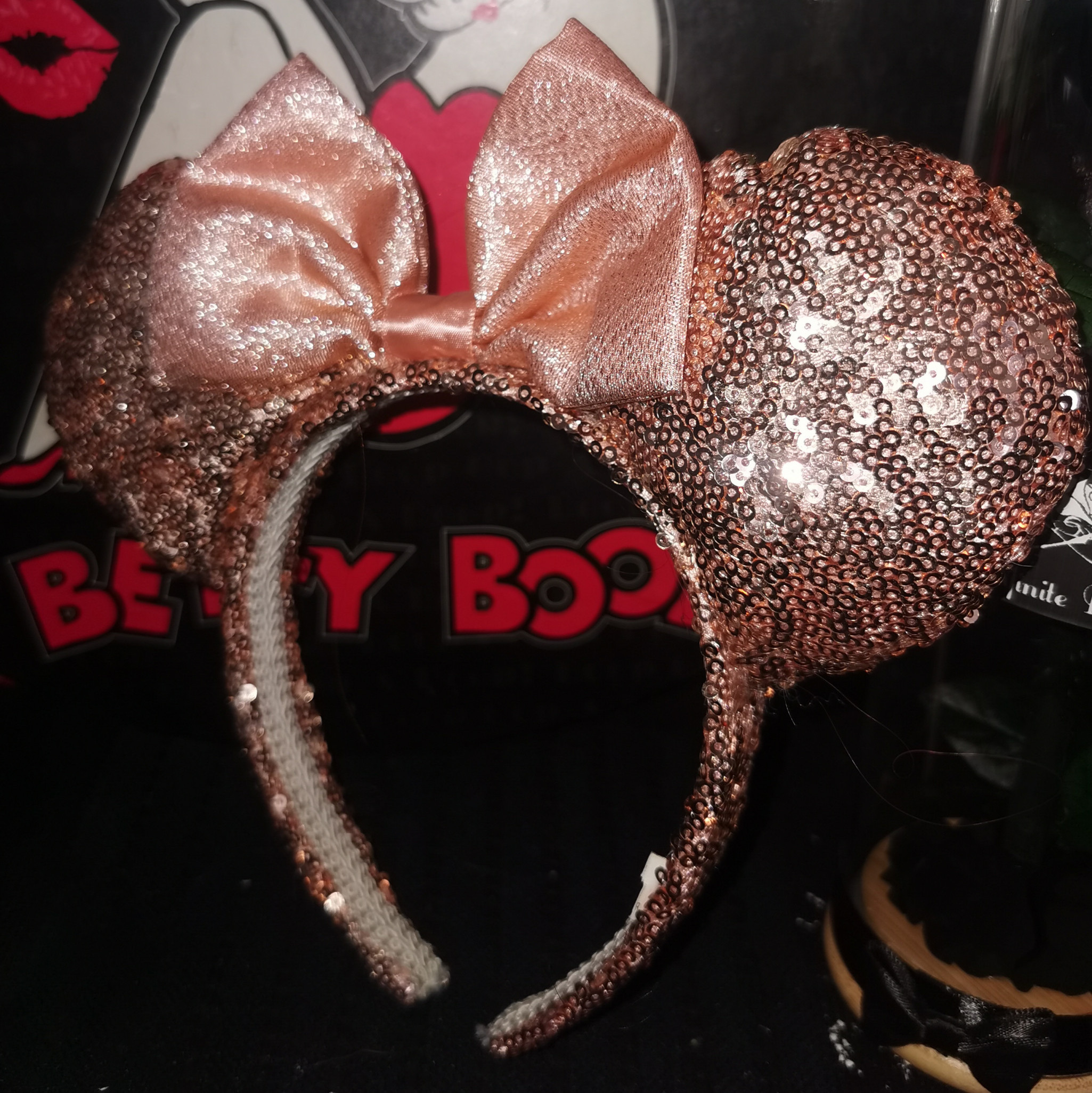 Beige and gold sparkly mouse ears with bow